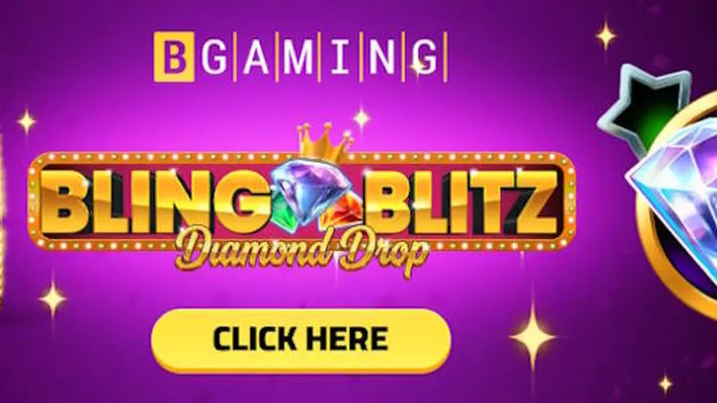 Tampilan visual slot Bling Blitz Diamond Drop dengan tema berlian dan peti harta karun