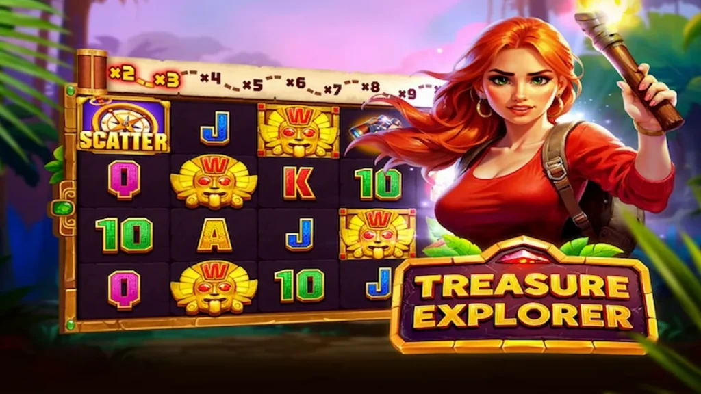Pemandangan hutan misterius dengan gulungan slot Treasure Explorer